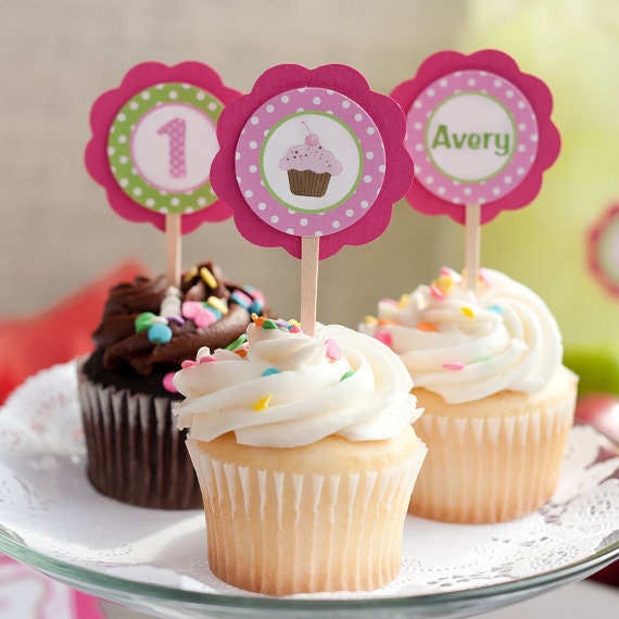 Cupcake Decorations: CUPCAKE TOPPERS - Cupcake Theme Birthday Party - Cupcake Decorations - Cupcake Toppers in Hot Pink and Green Il_170x135