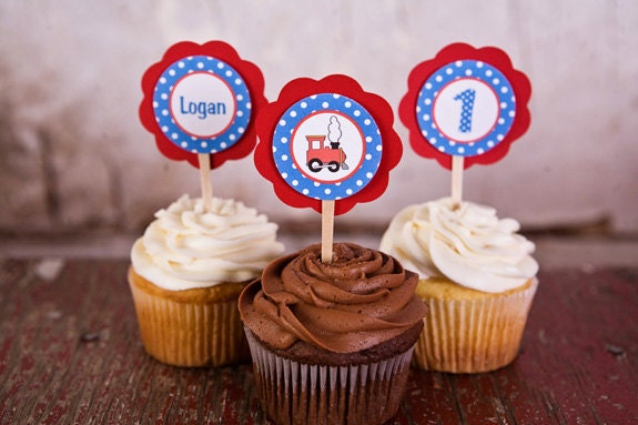 Train Theme Cupcake Toppers - Train Birthday Party Decorations in Blue and Red Il_570xn