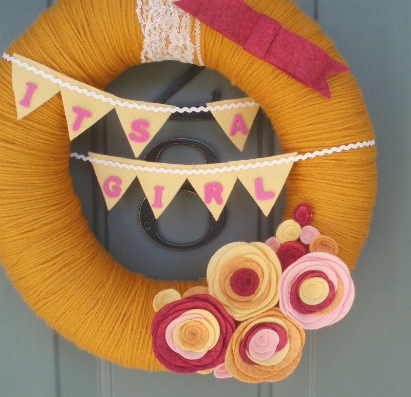 Yarn Wreath Handmade Front Door - Baby Girl 12in.