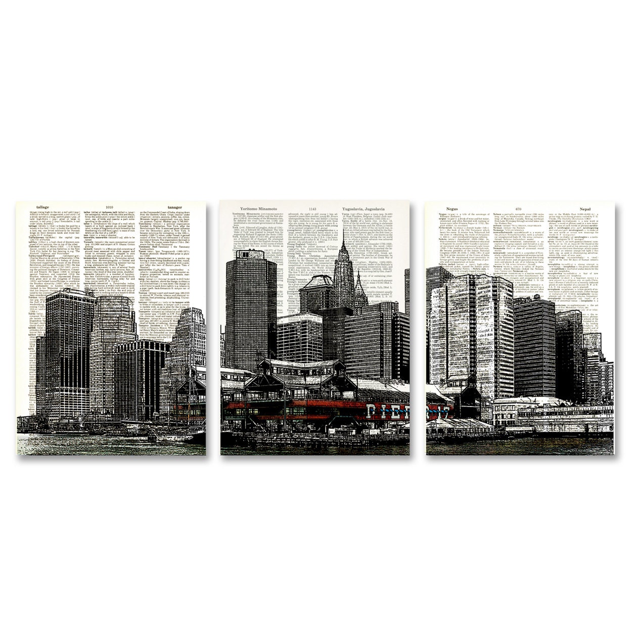 NYC Skyline 3 pack dictionary prints of New York City awesome upcycled vintage dictionary page book art prints