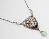 Steampunk Necklace Vintage pocket watch movement crystal green agate pearl silver filigree Neo Victorian jewelry by Steampunk Nation 1701