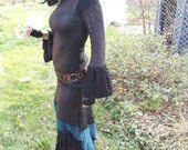 Skirt - Steampunk - Tuxedo Design - Petticoat Overskirt - Victorian Bustle - Bohemian - Black Faux Leather - Turquoise - Size Small