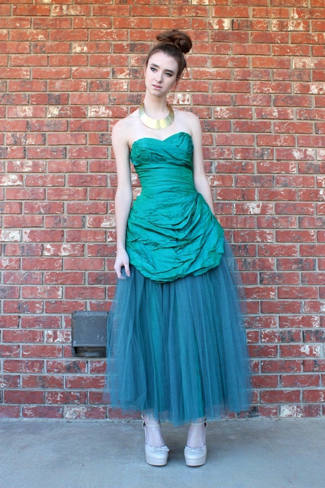 Vtg 1950s Teal Rouged Formal Prom Tulle Dress S