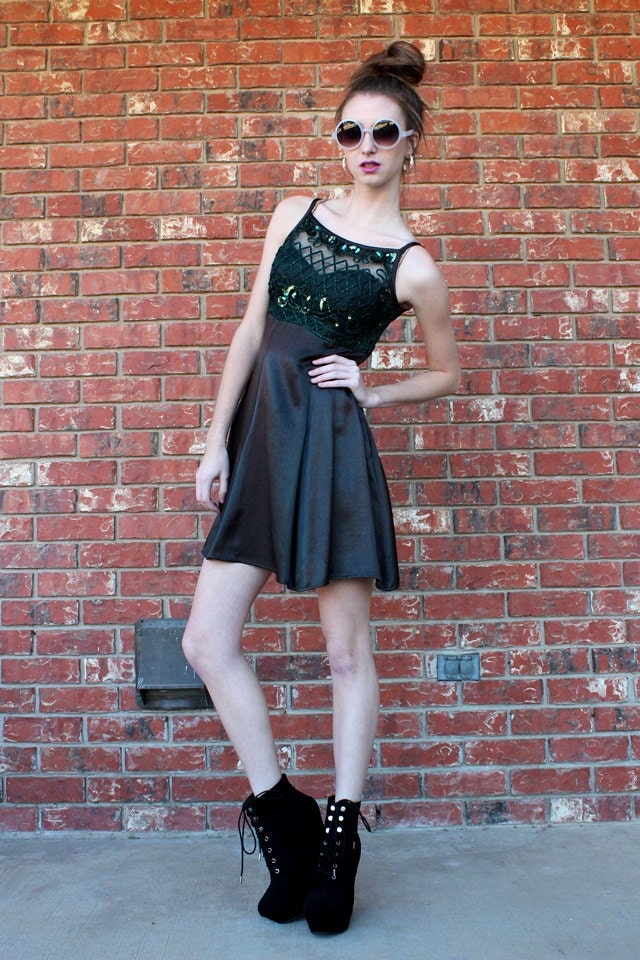 Vtg 1980s Dark Emerald Ombre Sequined Beaded Mini Dress Holiday S