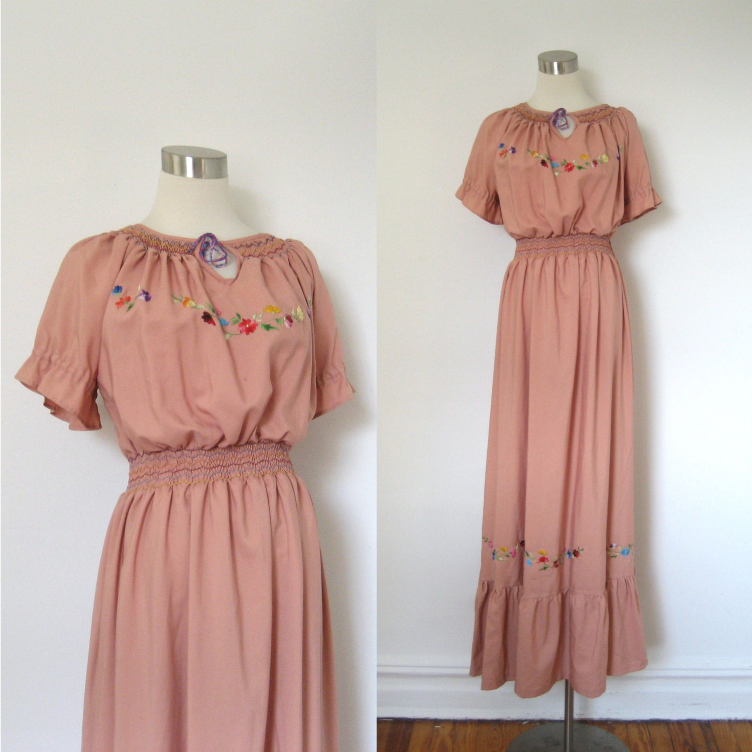 1970s Maxi Dress / 70's Embroidered Boho Dress / Pink (medium M)