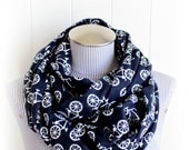 Navy and White Bike Infinity Scarf, Flannel Bicycle Pattern