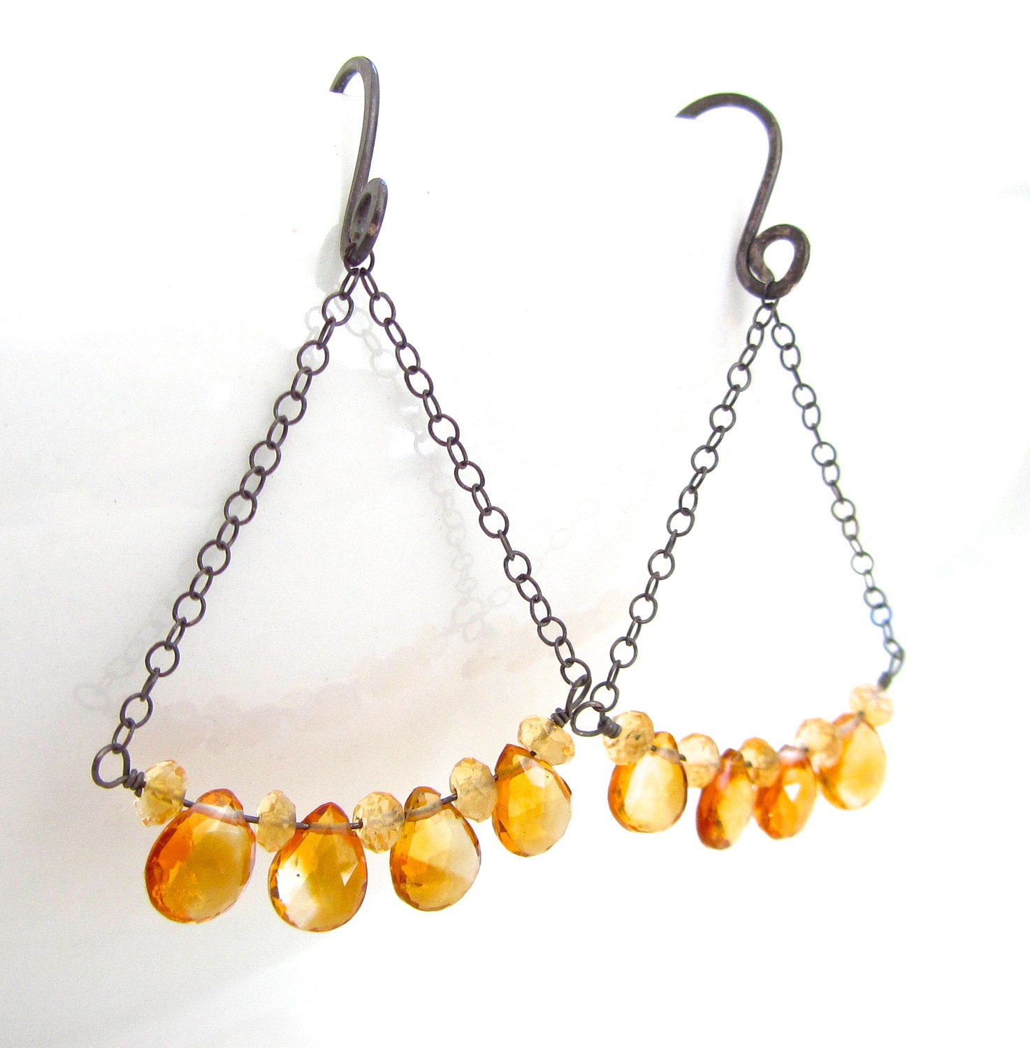 Citrine Earrings Wire Wrapped Oxidized Sterling Silver Chandelier Trapeze Yellow Gemstone, Handmade Fall Jewelry by Sonja Blume