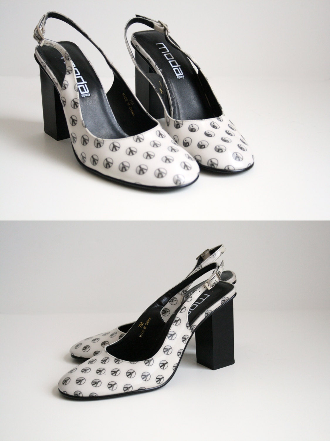 90s Hologram Shoes - Yin Yang and Peace Sign - Slingback with Square Heel