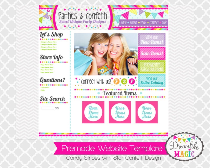 Premade Website Template: Candy Stripes with Star Confetti Design Il_570xn