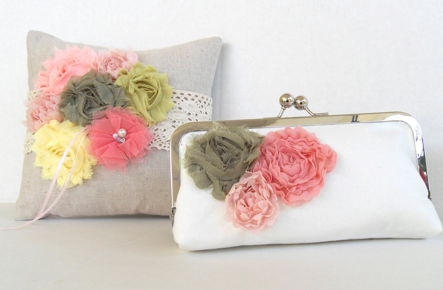 Bridal ivory wedding purse, rose pink green wedding, bridesmaids shabby chic clutch