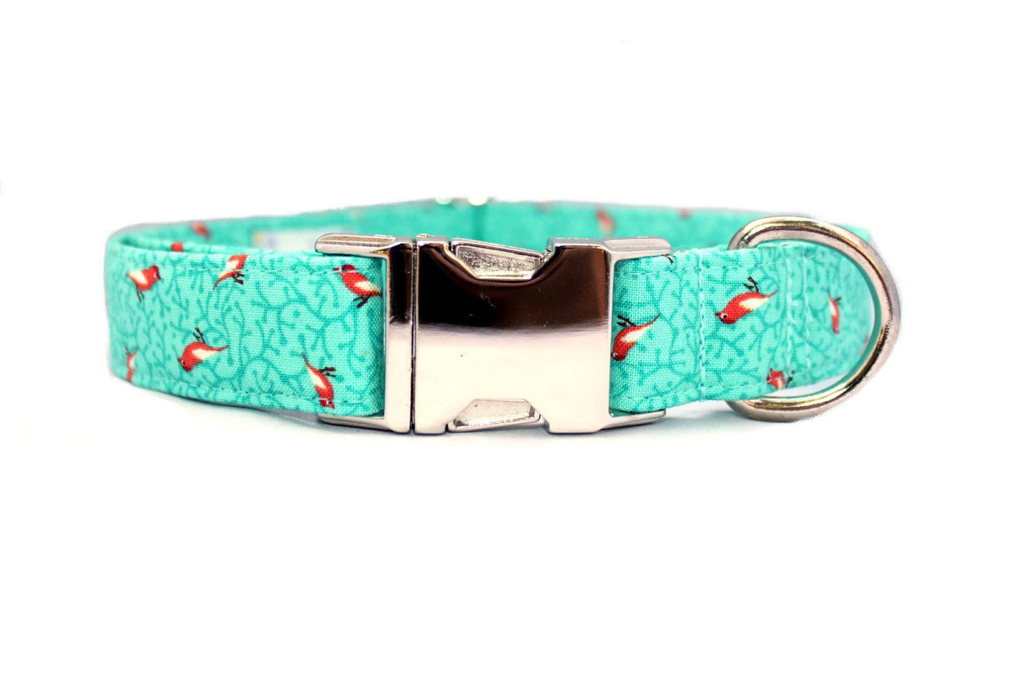 Tiny Coral Birds on Turquoise/Aqua Fabric Dog Collar