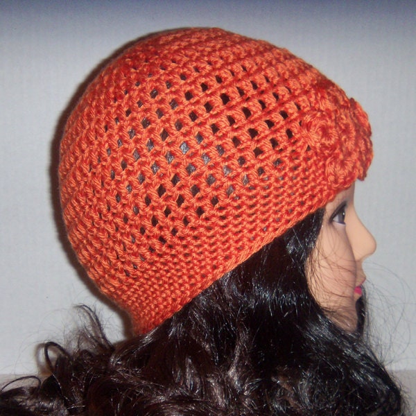 Crochet Beanie Hat Tangerine with Crochet Flower