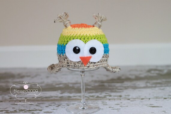 Rainbow Owl Hat - Ear Flap Beanie Hat - Animal Hat - Orange, Yellow, Green, Blue -  Photo Prop - Made to Order