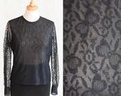 Bow Lace Button Up Back Semi Sheer Blouse / M