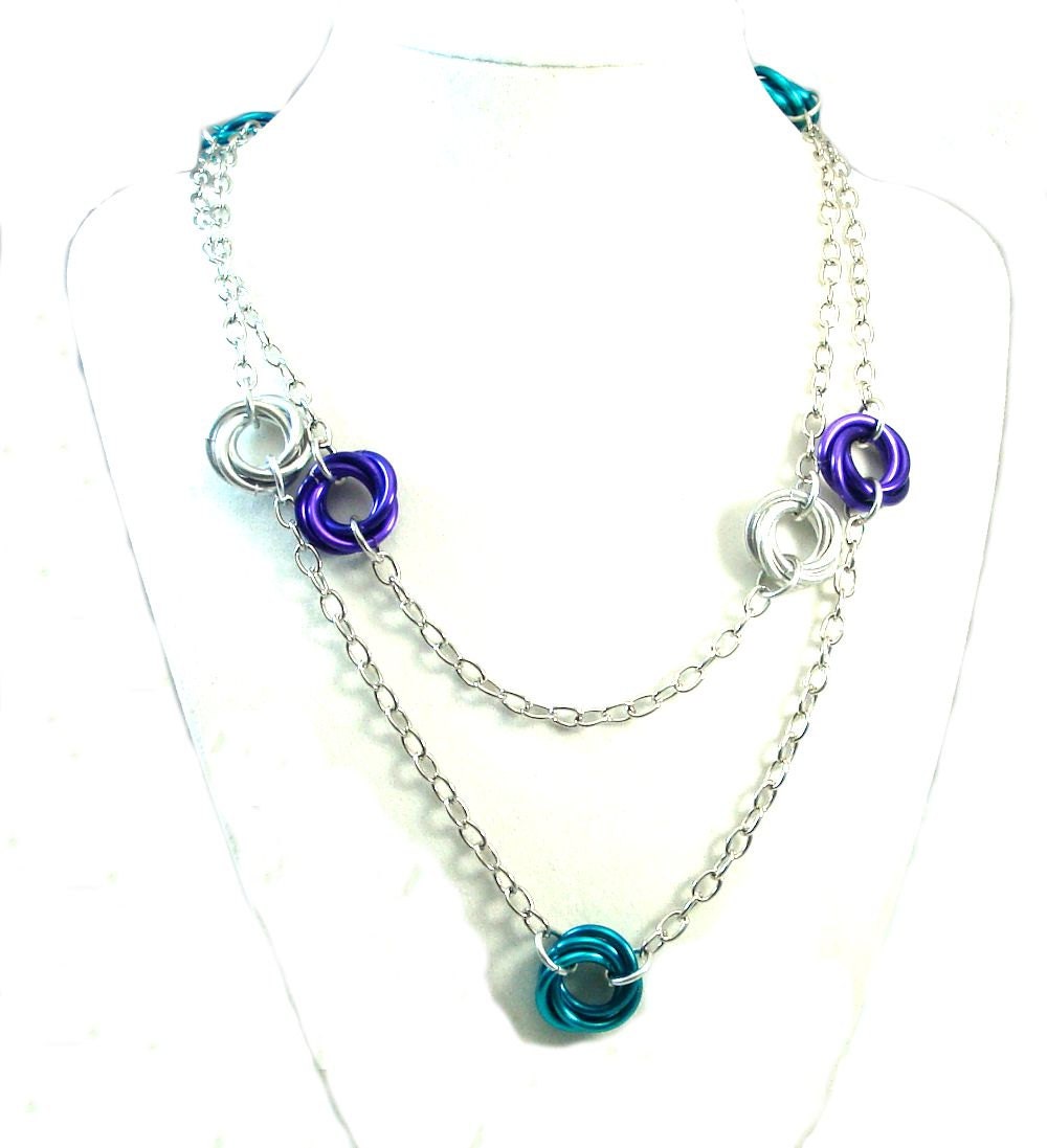 Chainmaille Jewellery, Chainmail Necklace, Mobius, Purple, Teal, Silver