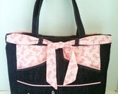 Survivor purse dark blue jean and pink ribbon with bow and many pockets