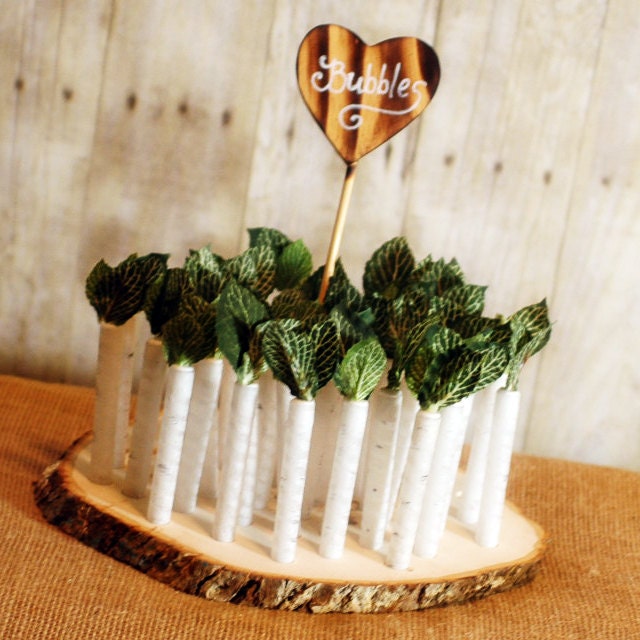 Twig Style Wedding Bubble favors- set of 150 with base and heart sign White Birch