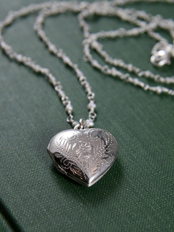 Sterling Silver Heart Locket Necklace, Wire Wrapped Freshwater Pearl Dainty Chain - Symbol of Love