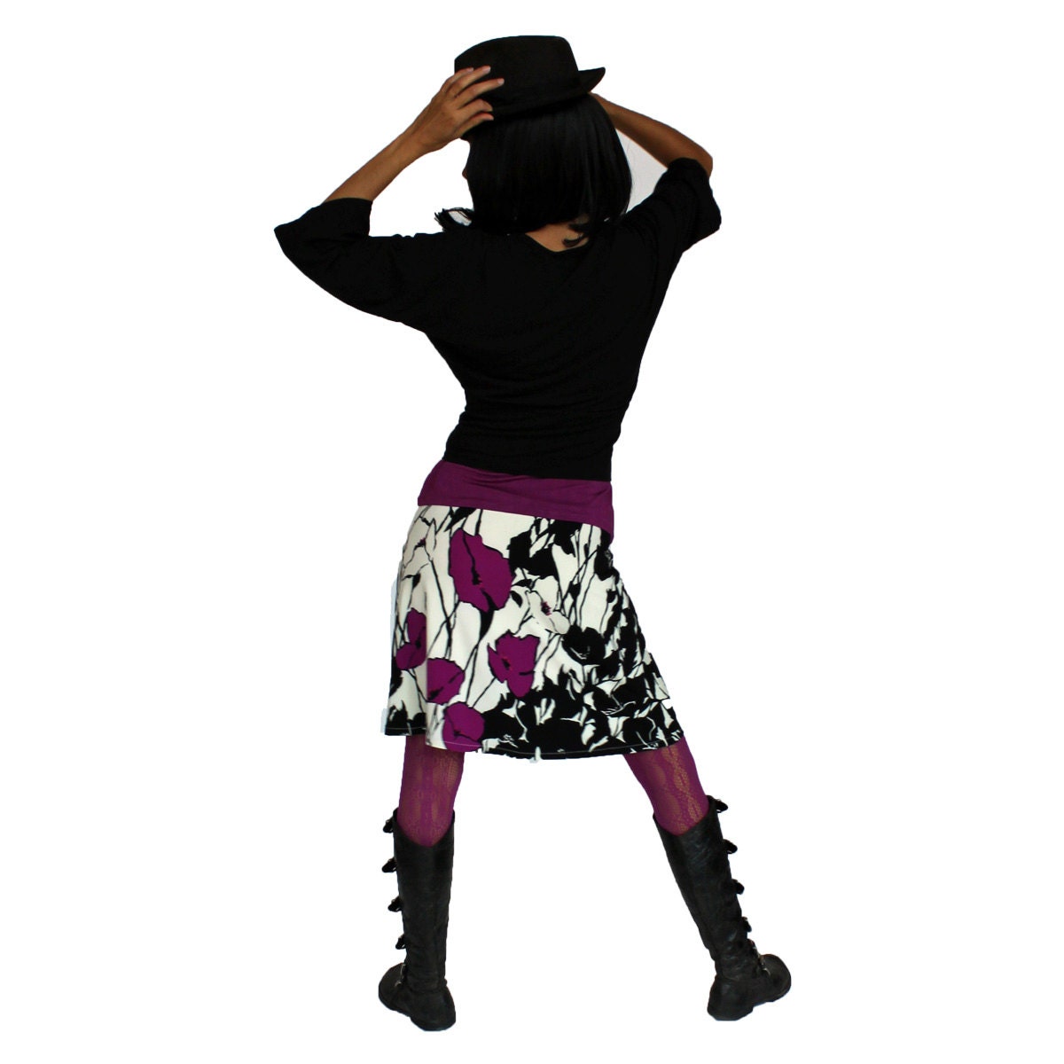 Tulip Print A-line Skirt, Fuchsia, Black and Cream Jersey Knit Travel Skirt, Silhouette Skirt