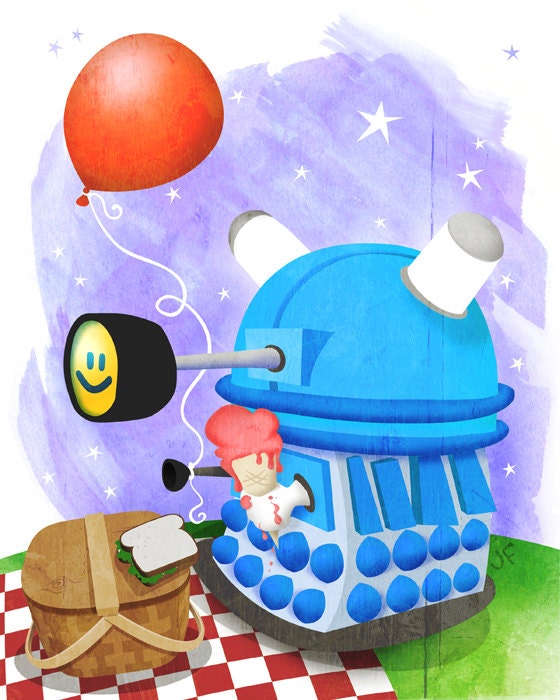 Set of two 8x10 Baby Doctor Who wall art prints - The Doctor, Amelia Pond, Rory Williams, Cyberman and a Dalek - all cute as can be.