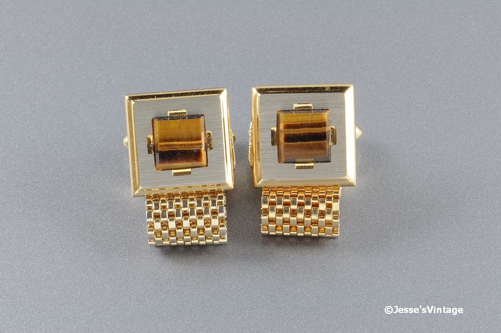 Vintage Cuff Links Gold Tone Faux Glass Tiger Eye