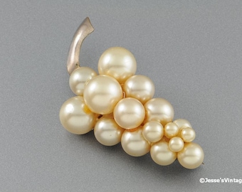Figural Grape Cluster Brooch Pin Faux Pearls