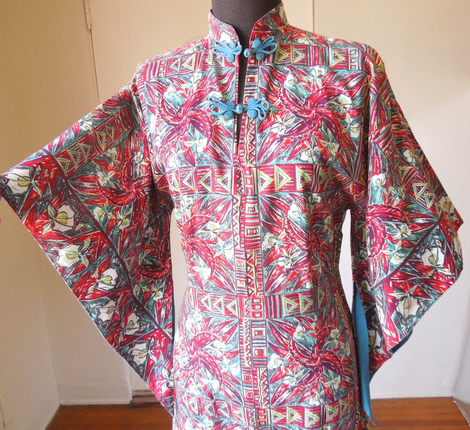 Vintage 50's Pake Mu Dress, Hawaiian, Rayon, Teal Red and White Tropical Print, By Liberty House, Rockabilly, Size Medium