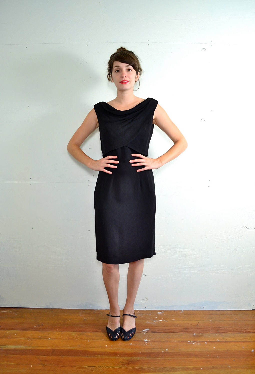 1950s Black Cowl Cocktail Dress // Medium // Large