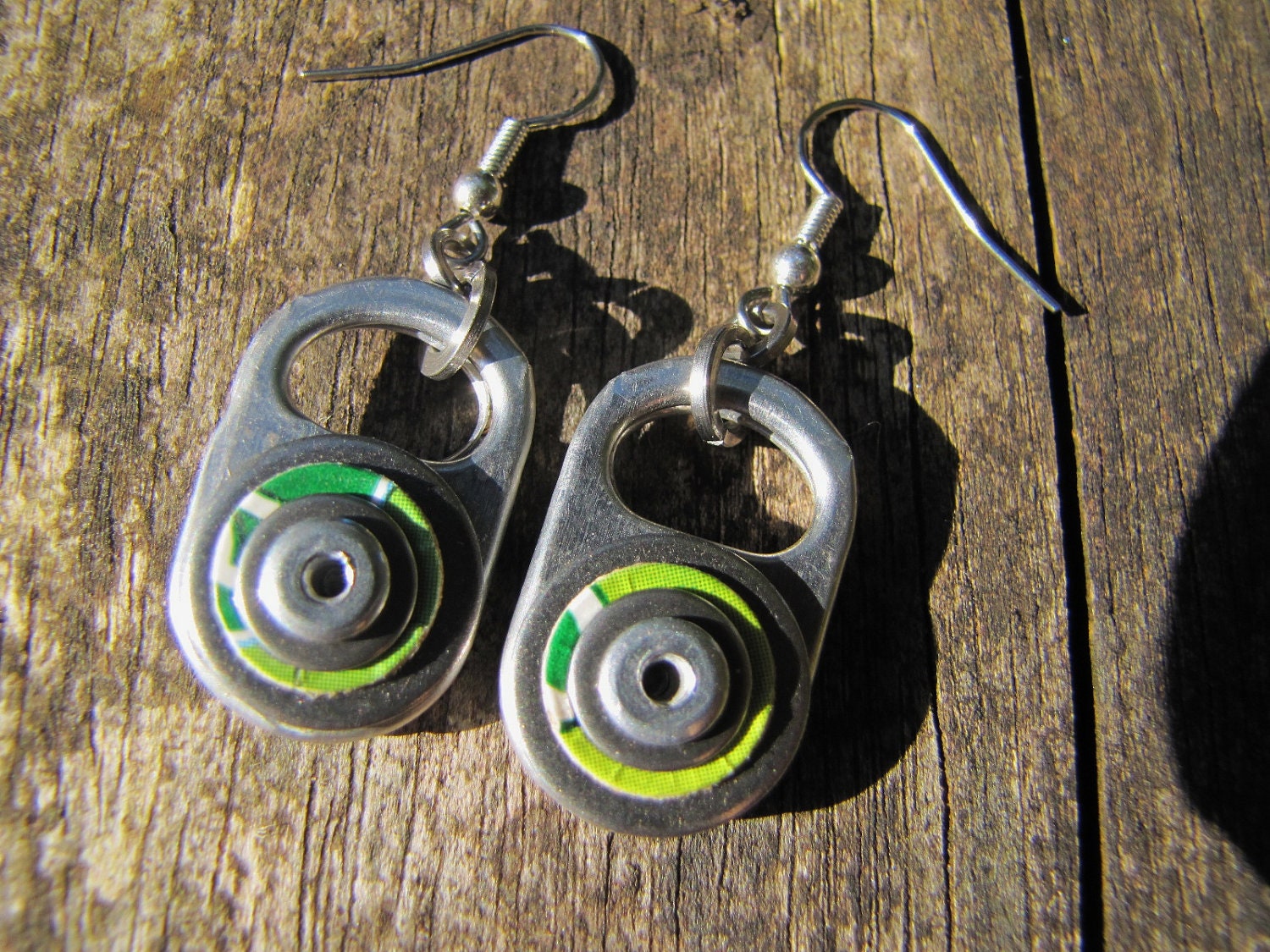 Upcycled Earrings, Metal Pull Tab, Green Tetra Pak, and Rivets