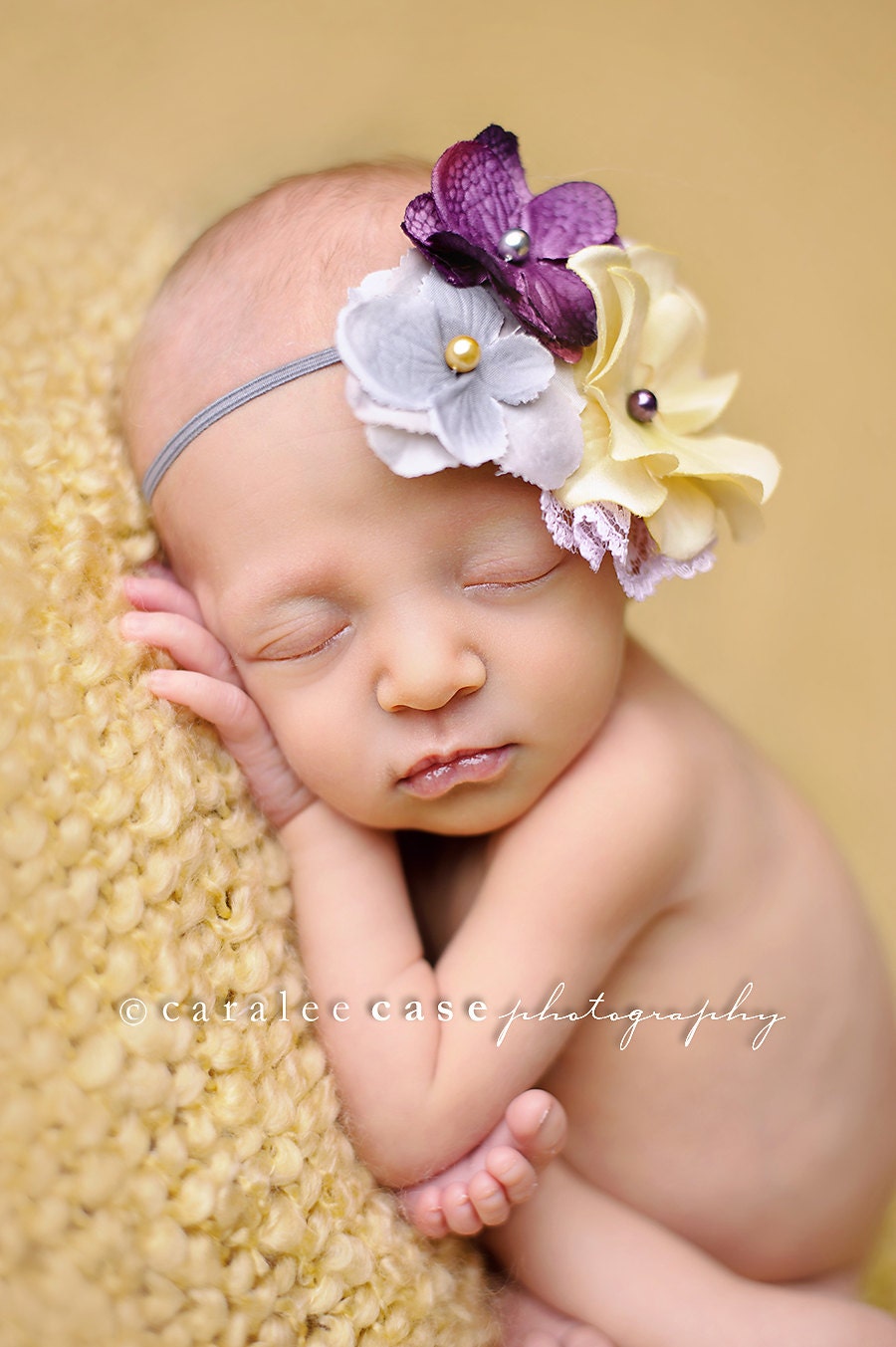 Zest is More- lavender, plum, grey and yellow silk, chiffon flower and lace headband