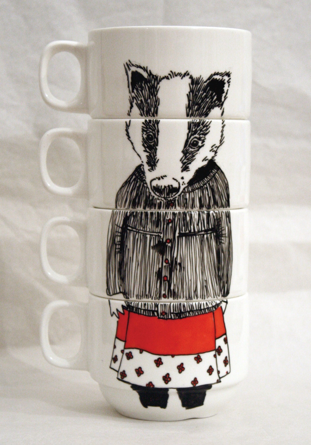Hand painted set of 4 Coffee cups - Miss Badger