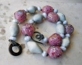 SALE - Beaded Necklace - Chunky Pink and Grey Choker - Glass and Clay - Beaded  Choker Necklace