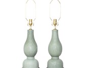 Celadon Pottery Lamps with Walnut Bases . Mid-Century Modern PAIR