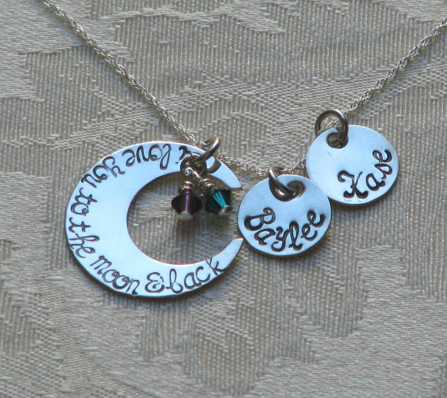 I love you to the moon and back necklace with TWO name charms and birth stones - sterling silver hand stamped