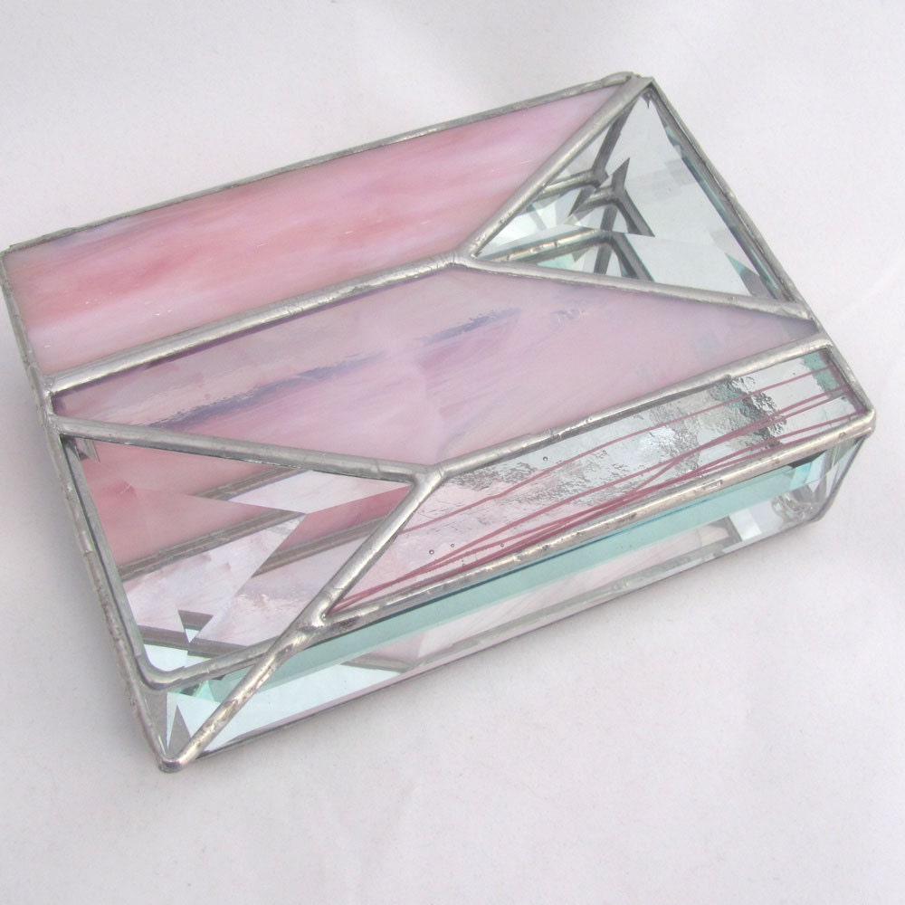 Pale Pink, Clear with Pink Streamers and Pink Iridized glass with Triangle Clear Glass Bevels Hand Crafted Stained Glass Box