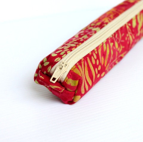 Delightful Poppy Red Bali Batik Pencil Case, Small Cosmetic Cotton Zipper Pouch - hennyseashell