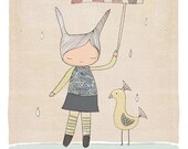 Whimsical Art - Honey Cup Bunny Rabbit and Mr Bird - Illustration (Art Print)