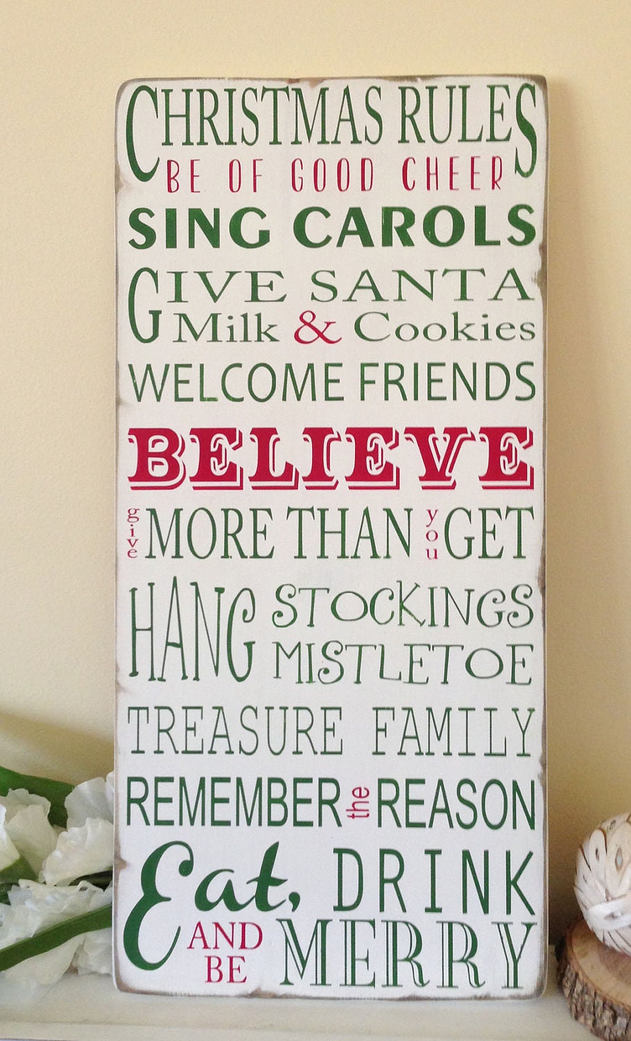 Christmas Rules Typography Word Art Sign- Weather Worn White Vintage Style