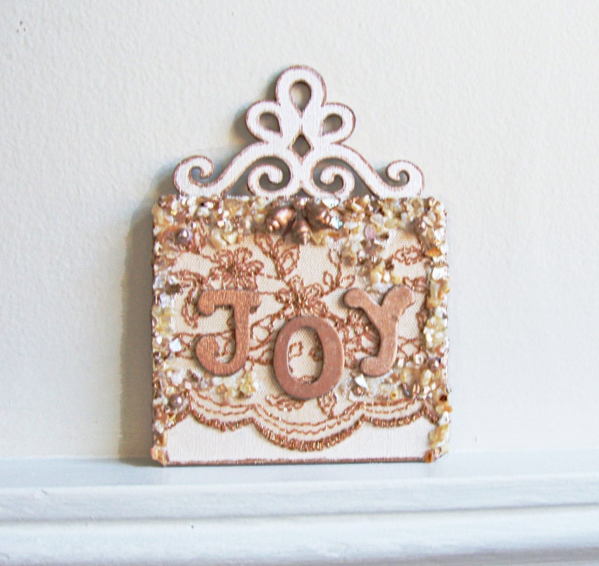 Joy Holiday Sign Christmas home decor wall art handpainted wooden plaque door sign ornament metallic copper gold  sea shells