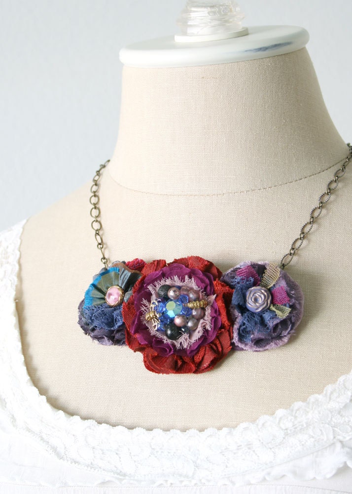 Fabric Flower Necklace, Textile Statement Necklace, Purple, Red, Blue Necklace