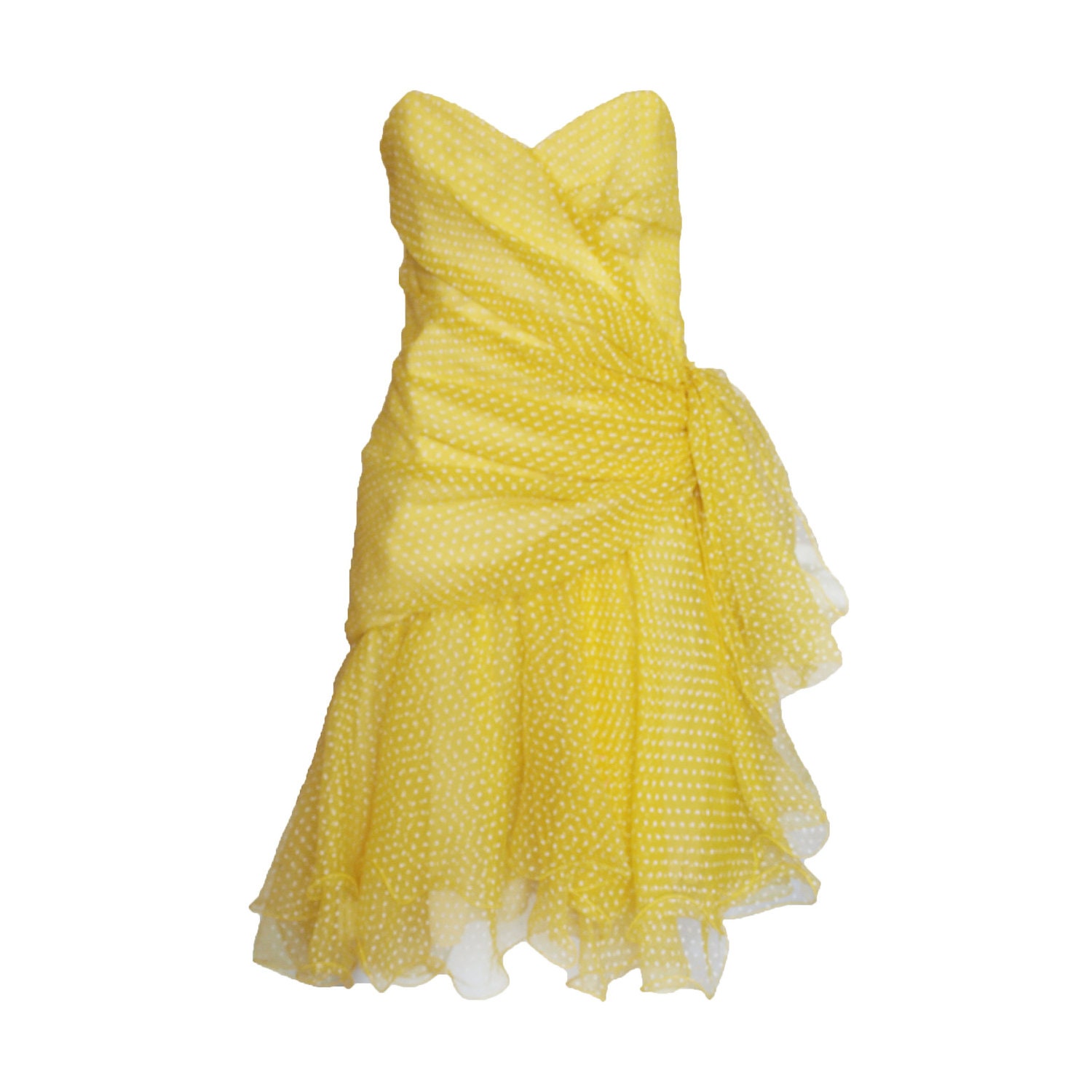 Vintage 80s Frank Usher yellow polka dot ruffled rara strapless sweetheart prom dress with side bow small
