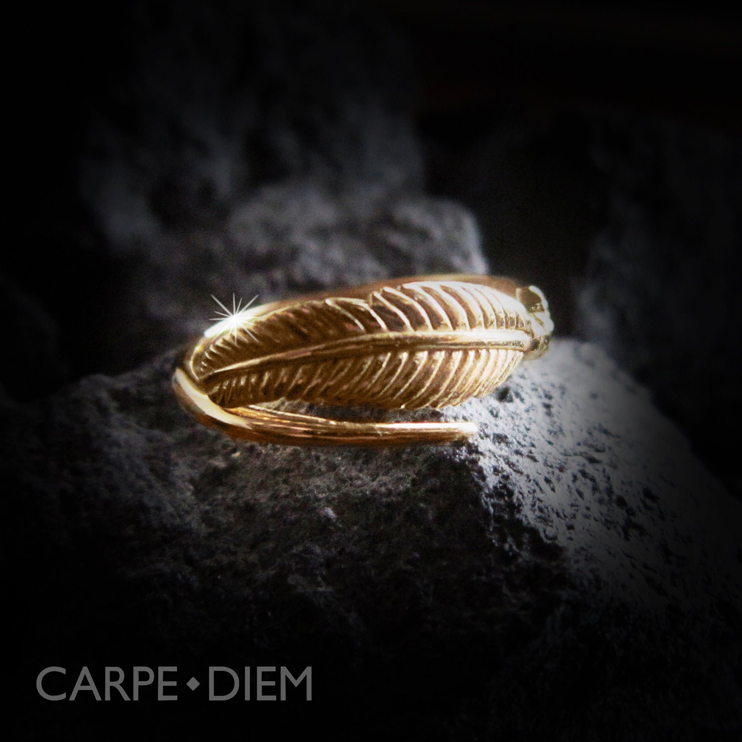 Carpe Diem 14K Gold Feather Ring Rings Wedding Engagement Band Jewelry Jewellery CDR-226