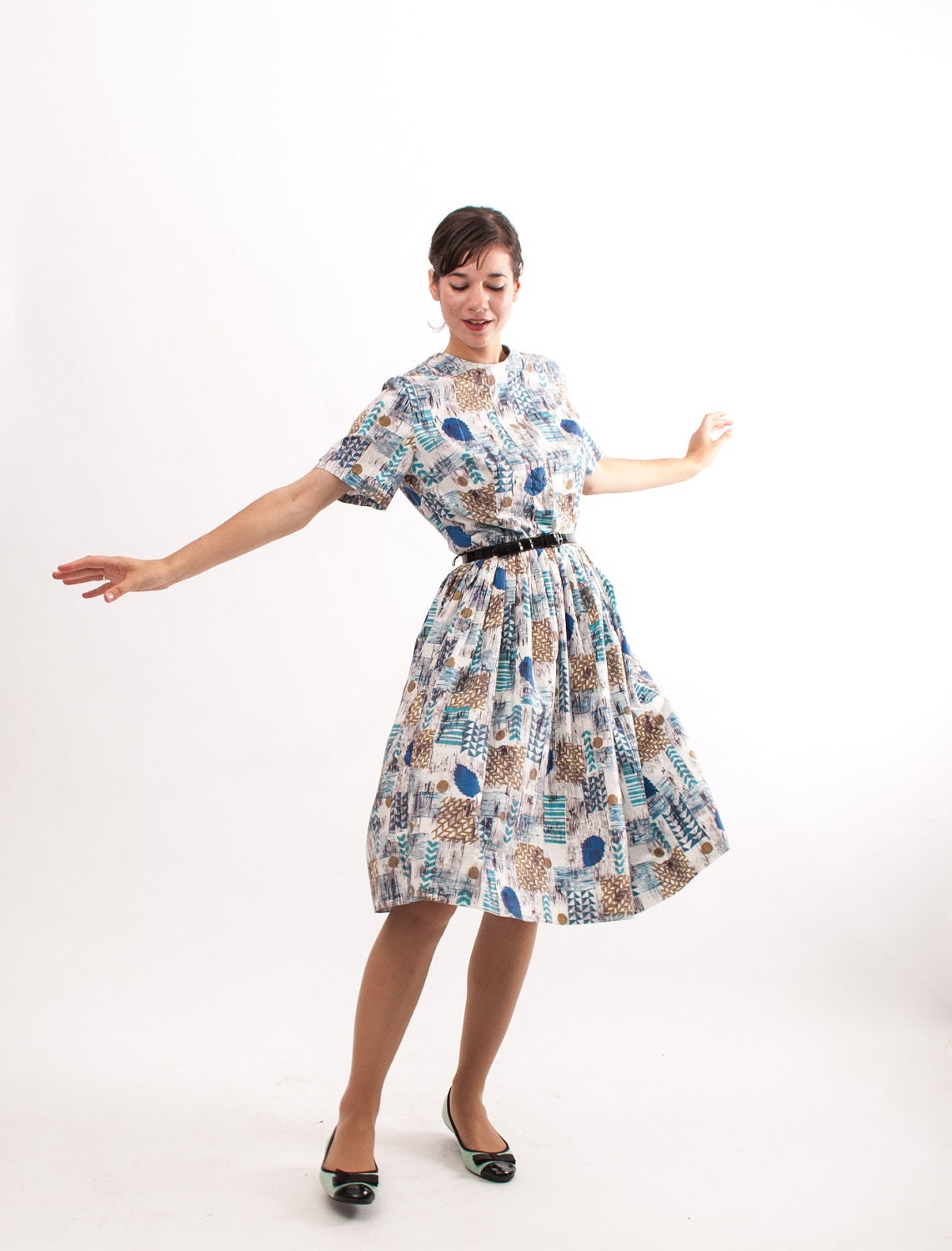 Vintage 1950s Dress - 50s Cotton Dress - Blue Abstract Print