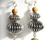Dangle Earrings - Antique Silver Earrings - Picture Jasper and Unakite Stone Beads - Large Hollow Metal Beads - Sterling Silver