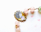 Gems bracelet in pink quart and rutilated soft blue quarts with leaves, sweet candy - original drawn cu curly cute girl with pink dress