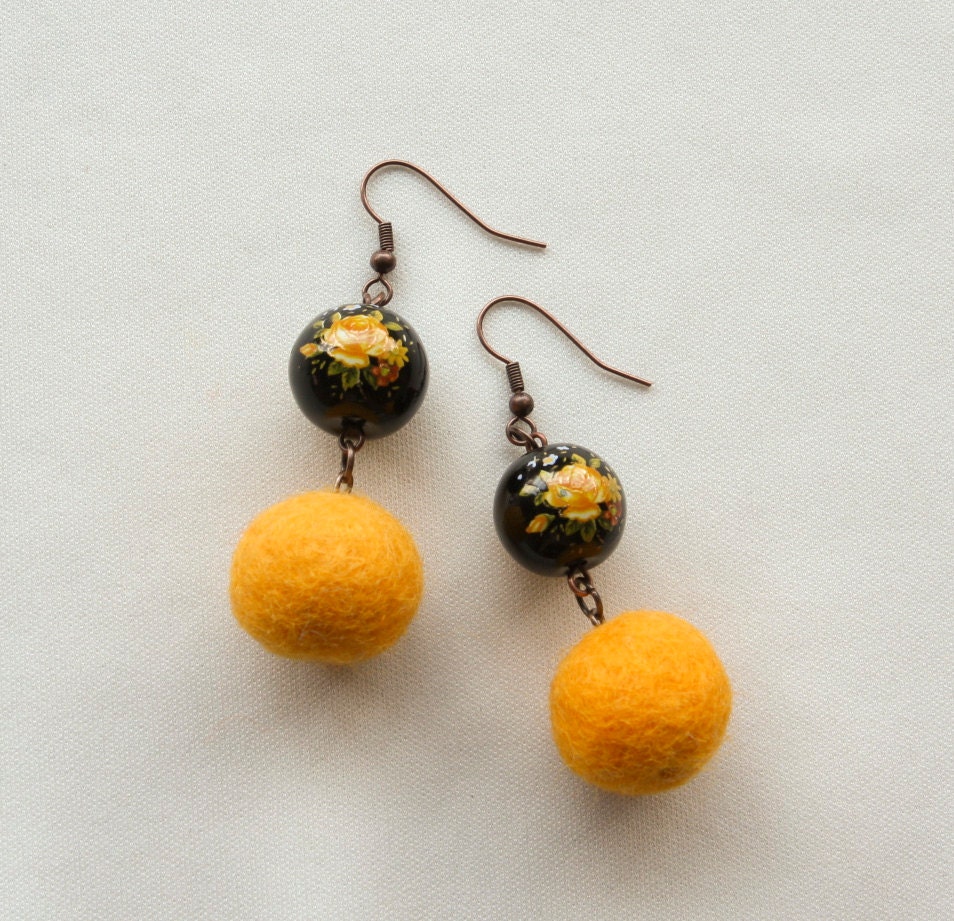 Yellow Felt and Flowers Earrings
