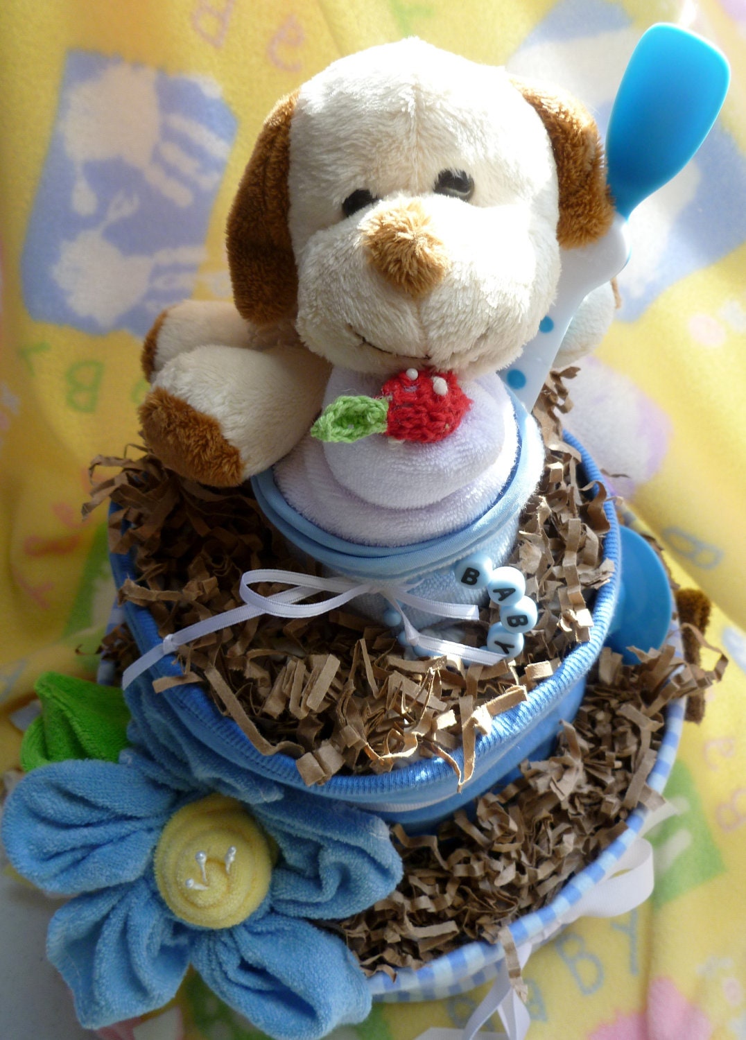 Puppy Dog Diaper Cake Baby Boy..Receiving Blanket, Burpcloth, Bib, Bottle, Washcloths, Booties, Spoon, Nuk and Plush Toy...Over 40 Items  :)