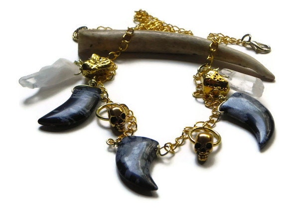 stone tusk statement necklace, tribal statement necklace, crystal beadwork necklace, skull necklace,  voodoo necklace, edgy stone necklace
