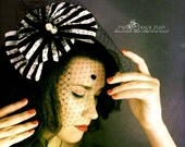 Gothic steampunk costume headpiece, black and white stripe birdcage veil fascinator hat with cameo