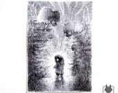 Spooky forest - forest monsters - girl in woods ink drawing - original art - black and white